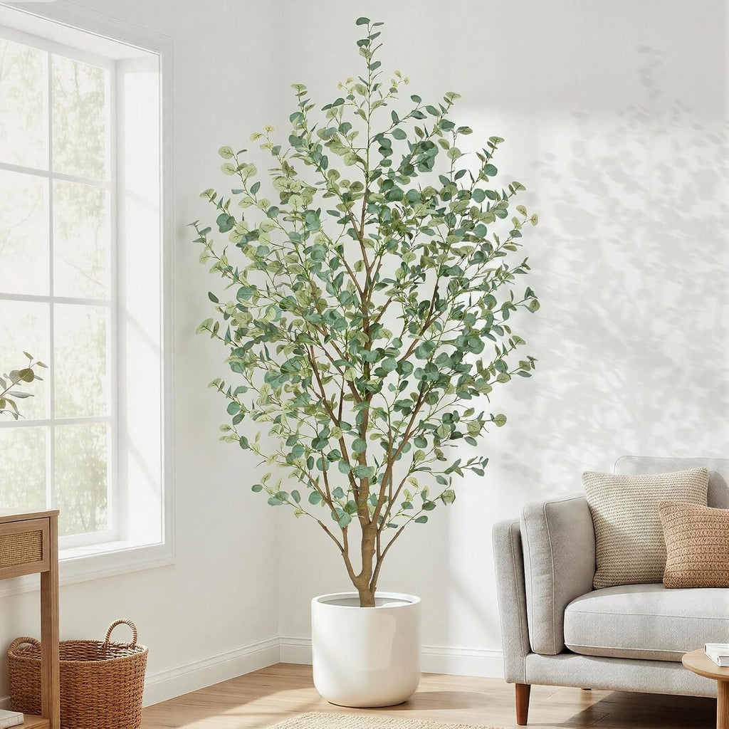 8FT Artificial Eucalyptus Tree Indoor, Faux Eucalyptus Tree with 901 Silk Leaves, Tall Fake Tree - Artificial Tree