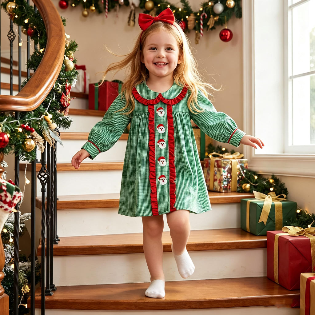 Christmas Toddler Baby Girl Outfit Plaid Smocked Dress Long Sleeve Collar Dress Fall Winter Cute Dresses for Girls