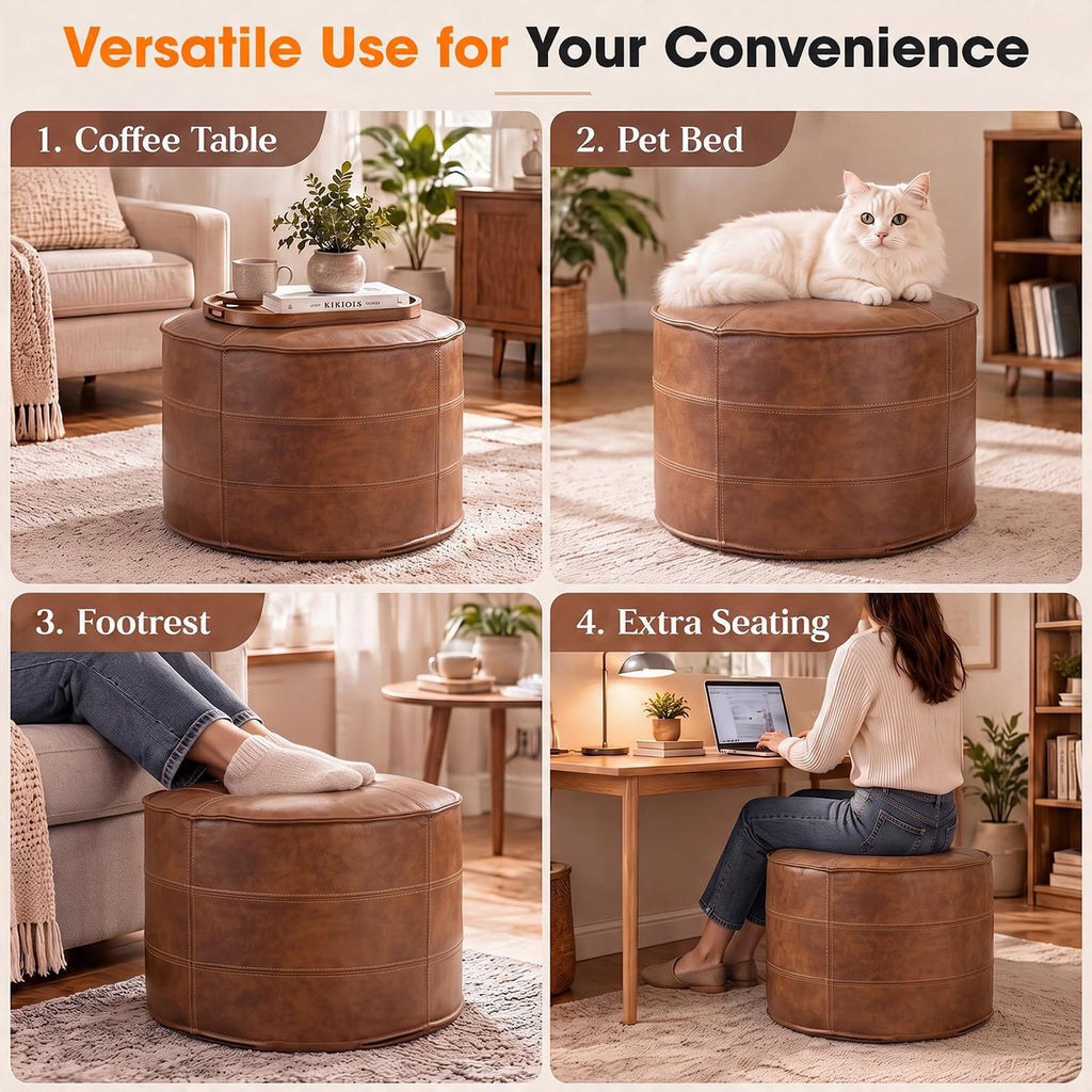 Leather Round Ottoman, Pouf (Brown, Round)