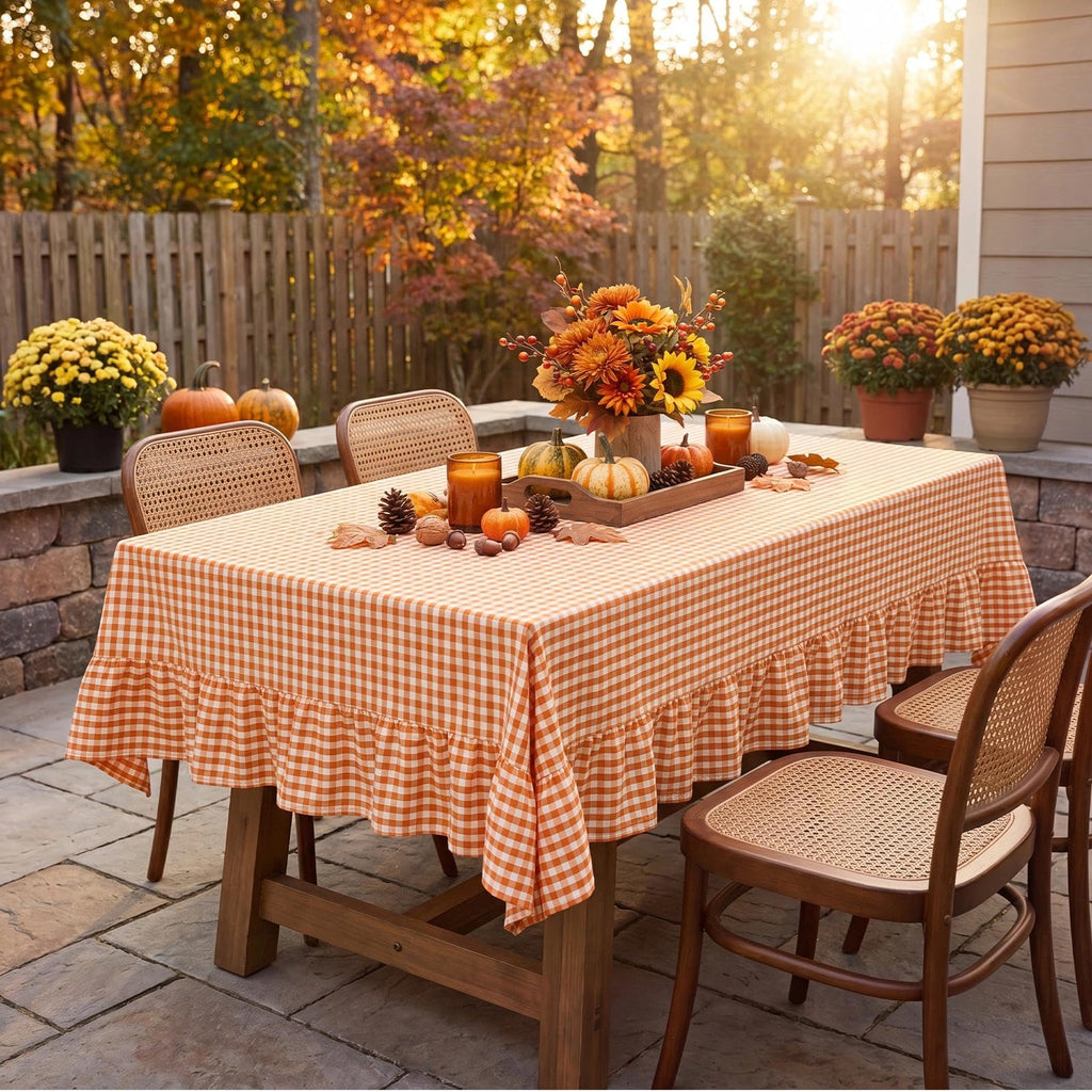 Fall Gingham Ruffled Tablecloth Rectangle, 60 x 84 Inch Orange