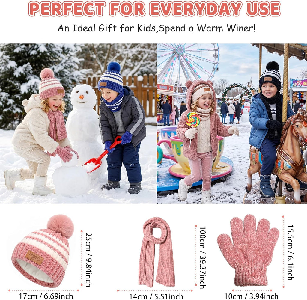 Kids Toddlers Winter Beanie Hats Gloves Neck Warmer Scarf Set Gifts for Girls Boys