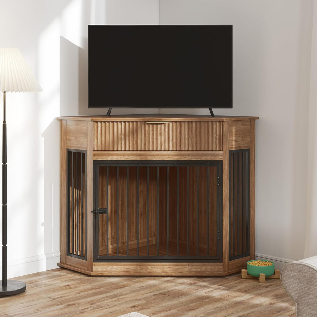 Corner Dog Crate Furniture, Wooden Dog Kennel Furniture for Small Medium Dog, Indoor Dog Cage with Fluted Drawer