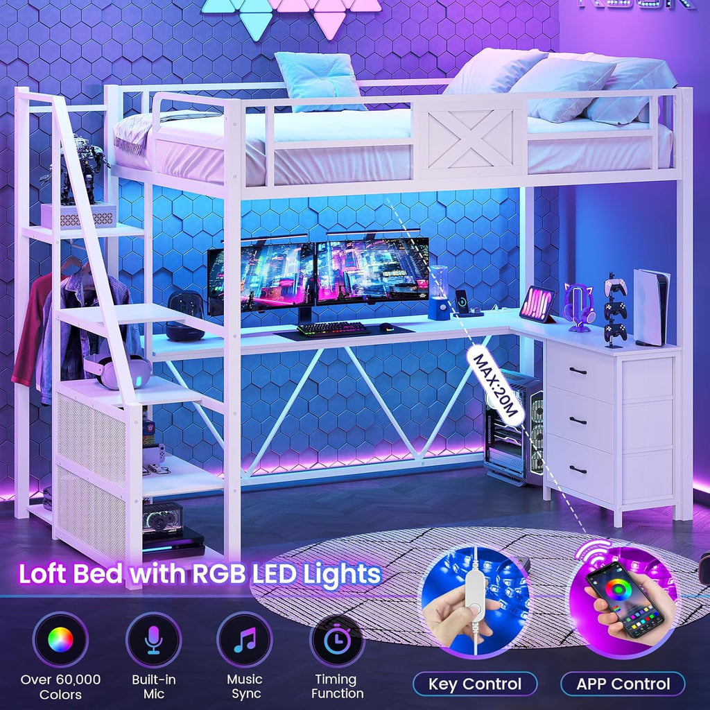 Stairway Twin Loft Bed with L Shaped Desk and Wardrobe, Metal Loft Bed Frame with Stairs, 3 Fabric Drawers