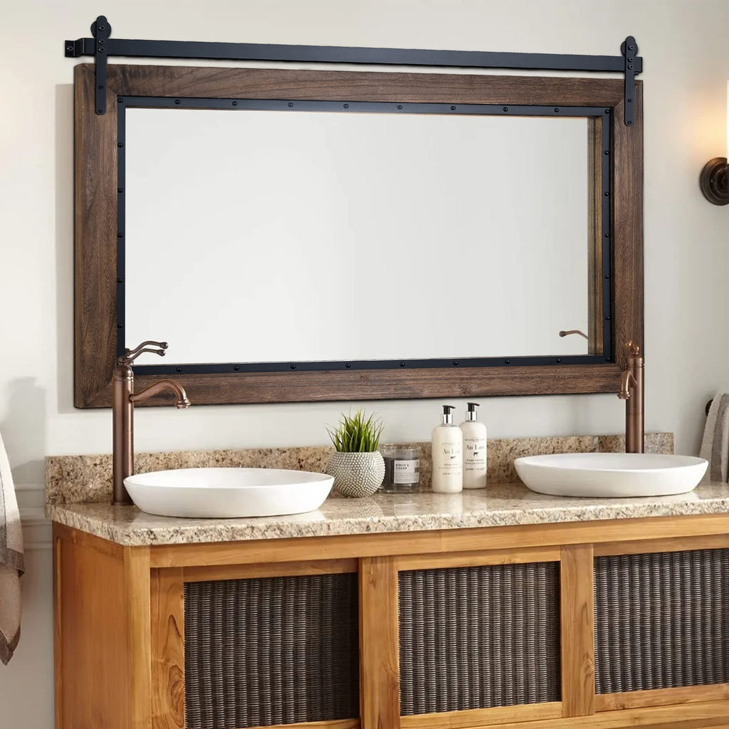 Farmhouse Barn Door Mirror, 48"x30" Rustic Bathroom Mirror, Wood Frame Wall Mirror, Wooden Mirror Bedroom Entryway