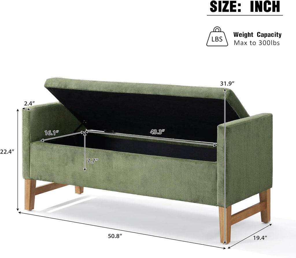 Namo Corduroy Upholstered Ottoman with Storage, Wooden Storage Ottoman Bench with Pillows, Long Entryway Ottoman Foot