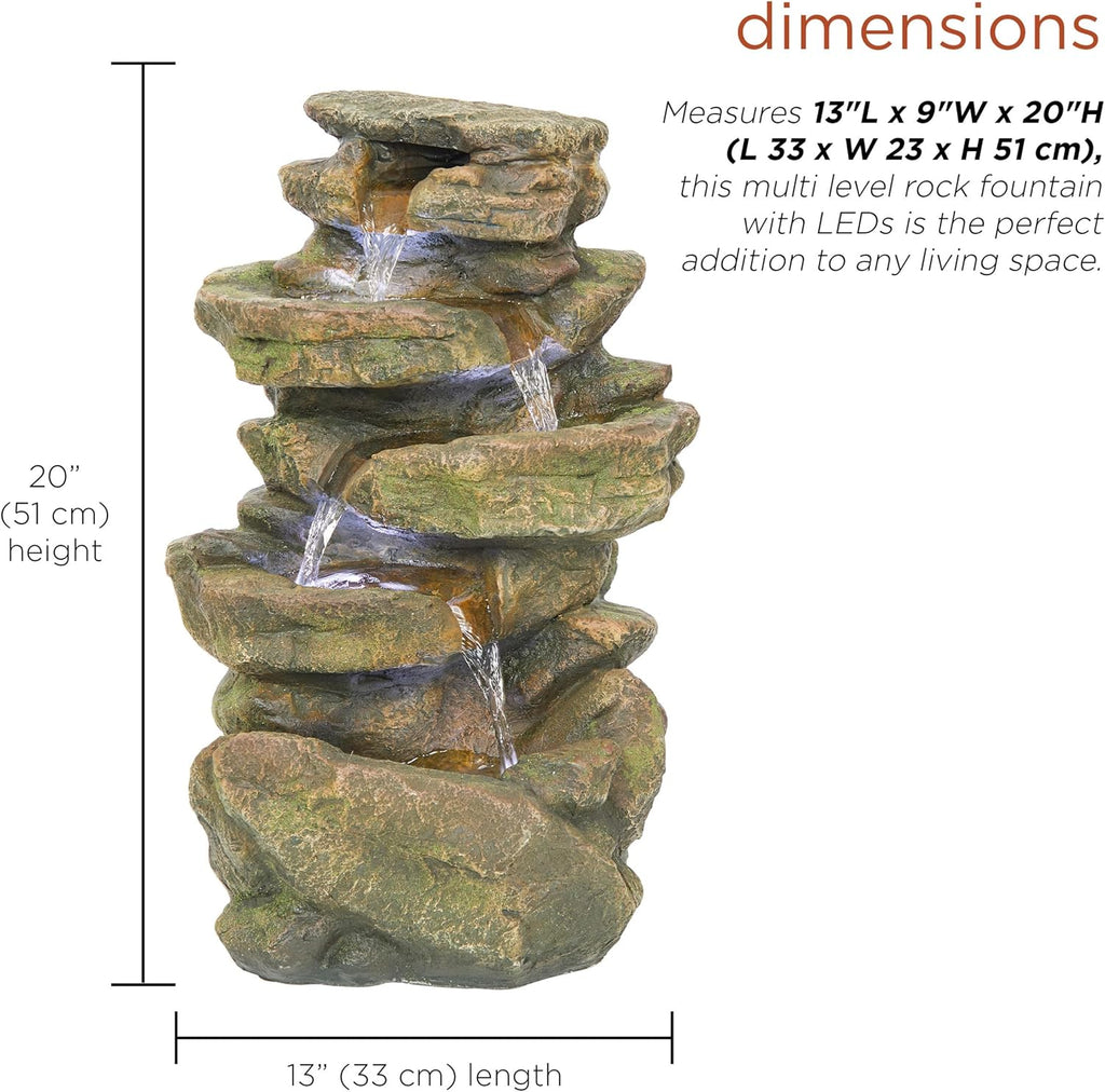 20" H Outdoor Multi-Level Rock Floor Fountain with LED Lights, Brown