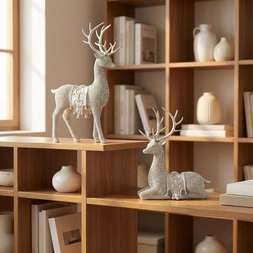 Gifts for Women Set of 2 Christmas Reindeer Statues 11.3" Gold Decorative Deer Sculptures Shelf Decor(Silver)