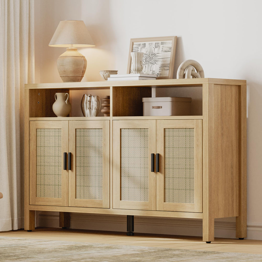 Rattan Buffet Cabinet with Storage, Sideboard with Doors, Console Table, Farmhouse Coffee Bar, Modern Wood Storage