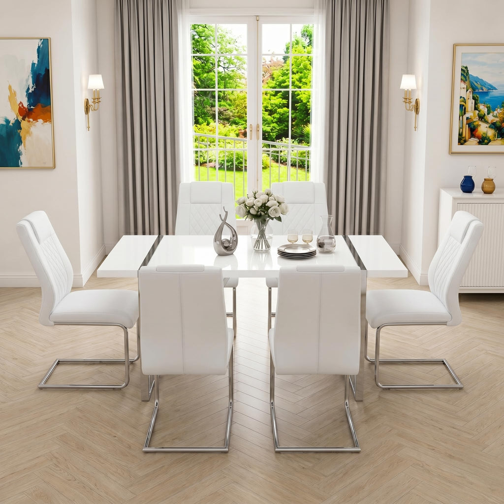 55'' White Dining Table Set for 6, Dining Tabletop and Silver Metal Frame, Rectangle Dining Room Table with 6 White