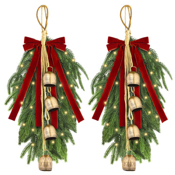 2 Pieces 20" Christmas Teardrop Swag for Front Door with Red Bowknot and Lights Artificial Norfork Pine Needles