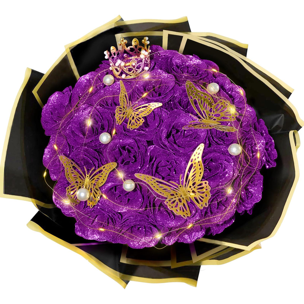 Purple Glitter Roses Bouquet Shiny Fake Glitter Flower Artificial Rose 24pc
