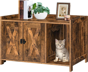 Cat Litter Box Enclosure, Hidden Litter Box Furniture with Divider, Indoor Cats House, Wooden Cat Washroom Storage