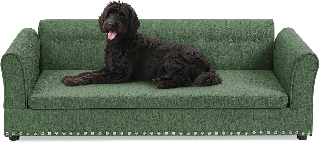 Oversized Sofa Pet Bed, Pet Bed Sofa with Backrest, Dog Couch Bed with Linen Fabric for Large Dogs, Olive Green
