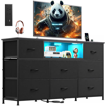 LED Dresser TV Stand for 65 Inch TV, 8 Fabric Drawers, Black Dresser