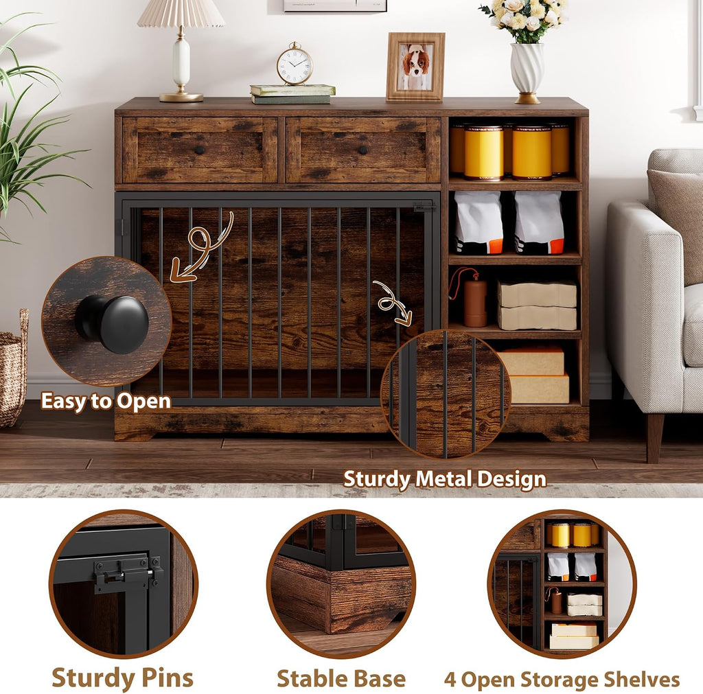 47.2" Dog Crate Furniture with 2 Drawers and 4 Shelves, Wood Dog Crate TV Stand, Large Dog Kennel Indoor for Small