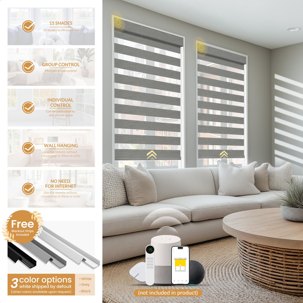 Motorized Zebra Blinds with Remote, APP, Voice Control - 95% Blackout Grey