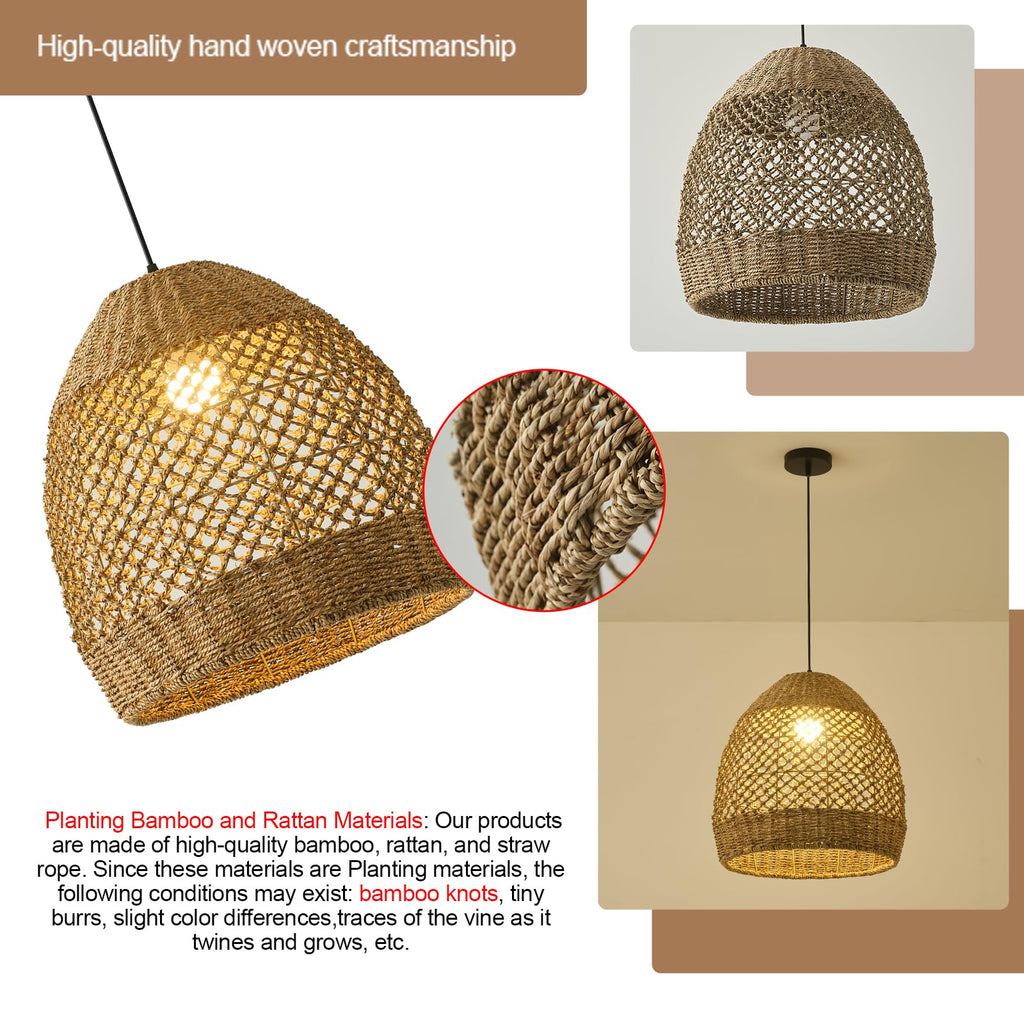 Rattan Pendant Light, 13.78" Boho Seagrass Chandelier