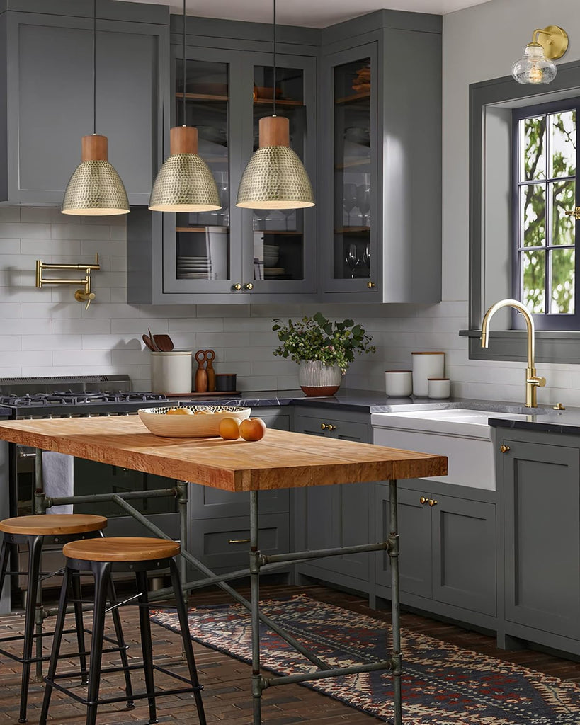 Hammered Pendant Lights for Kitchen Island, 7" Small Solid Wood Vintage Metal Hanging Light Fixture Adjustable Height
