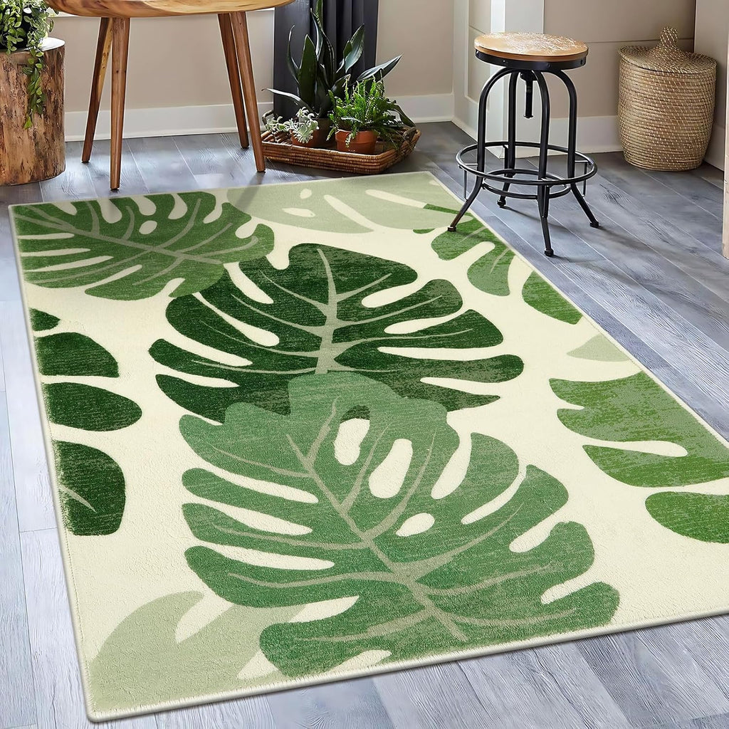Leaf Indoor Outdoor Area Rugs, 5x7 Green Washable Living Room Rug Tropical Monstera Plant Non-Slip Bedroom Rugs