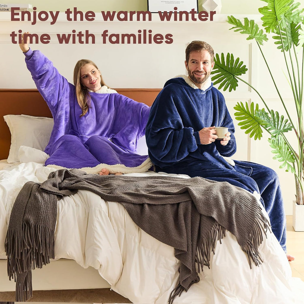 Wearable Blanket Hoodie, Flannel Sherpa Fleece Blanket Sweatshirt for Adults Women Men, Big Plush Cozy Hooded Blanket