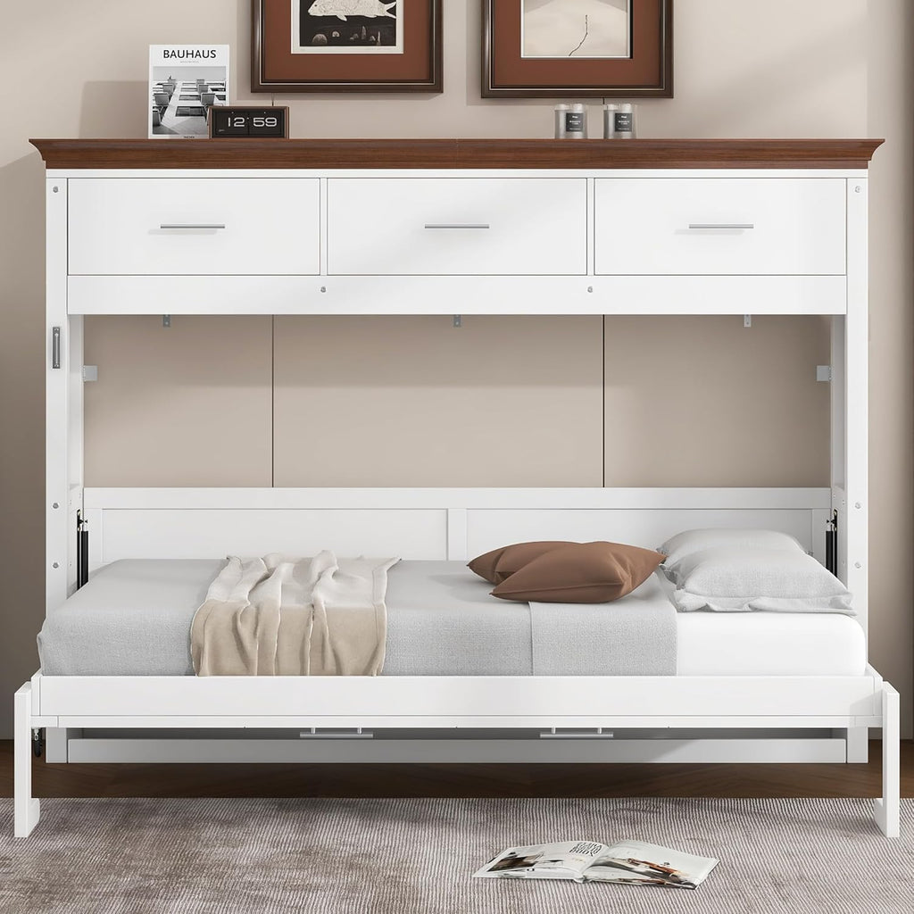 Twin Murphy Bed, Wood Wall Bed Frame with 3 Storage Drawers, Folding Cabinet Bed Frame for Home Office, Guest Room