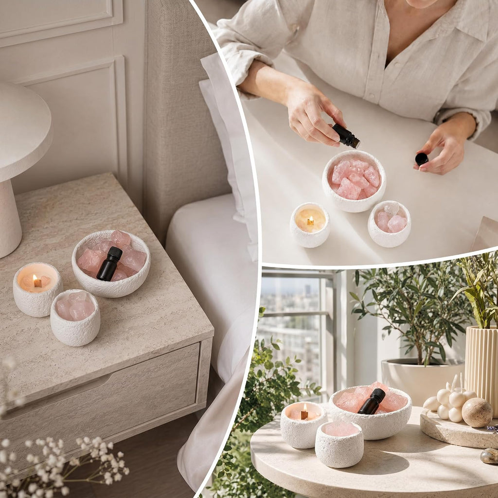 Pink Quartz Crystal Essential Oil Diffuser & Candle Set - Soy Wax Candle, Crystal Diffuser Stones & 10ml Essential