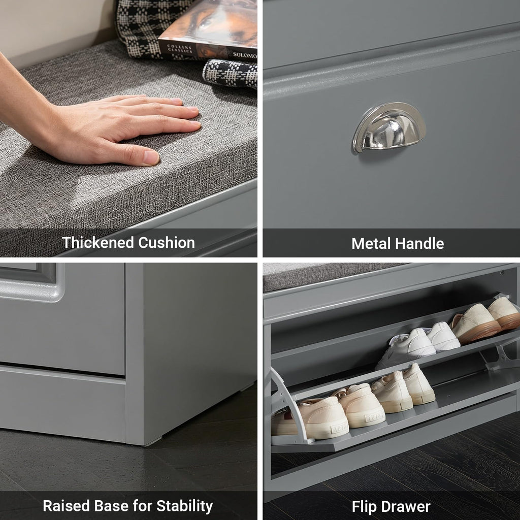 Shoe Storage Bench with Cushion, Grey Narrow Shoe Rack, Small Shoe Cabinet with Flip-Drawer, Closet Hallway Mudroom