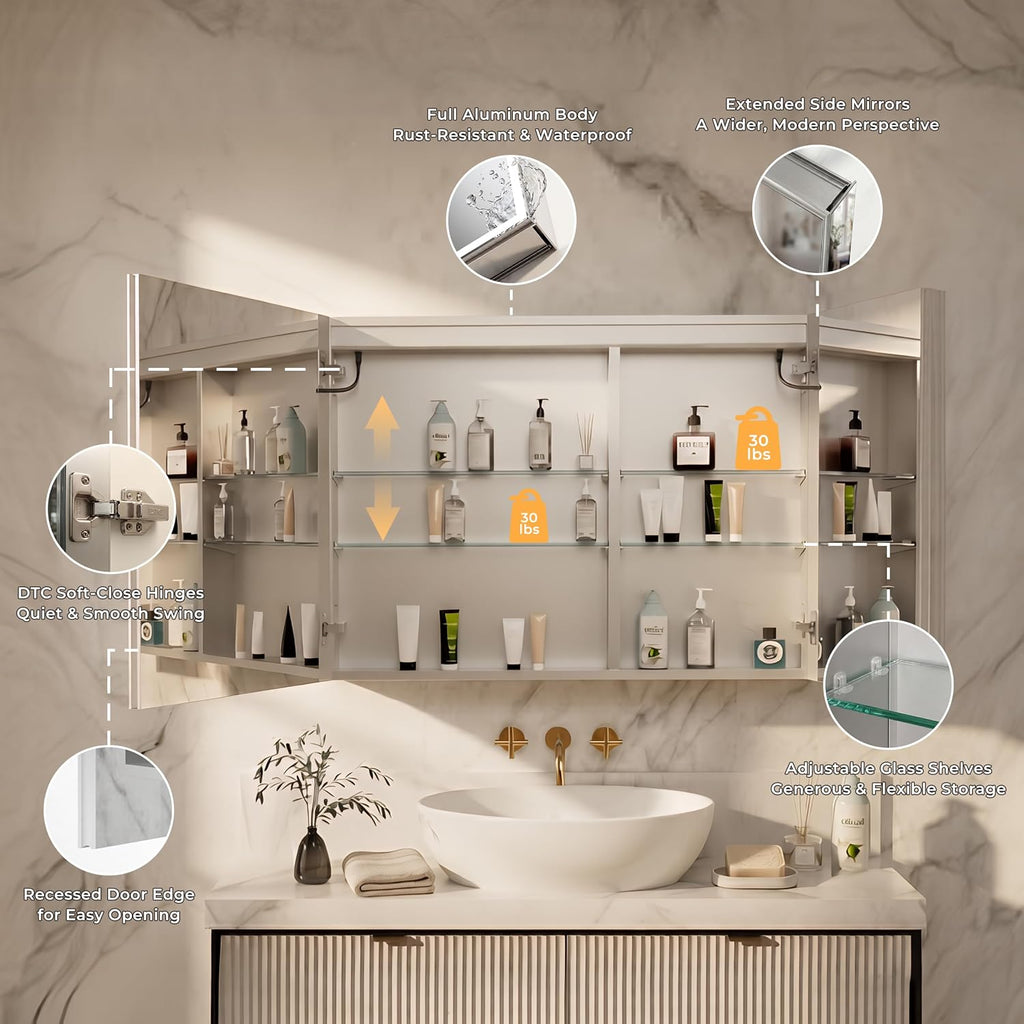 40" x 30" LED Medicine Cabinet, Lighted Medicine Cabinet, Surface & Recessed Mounting, Adjustable Color Temperature &
