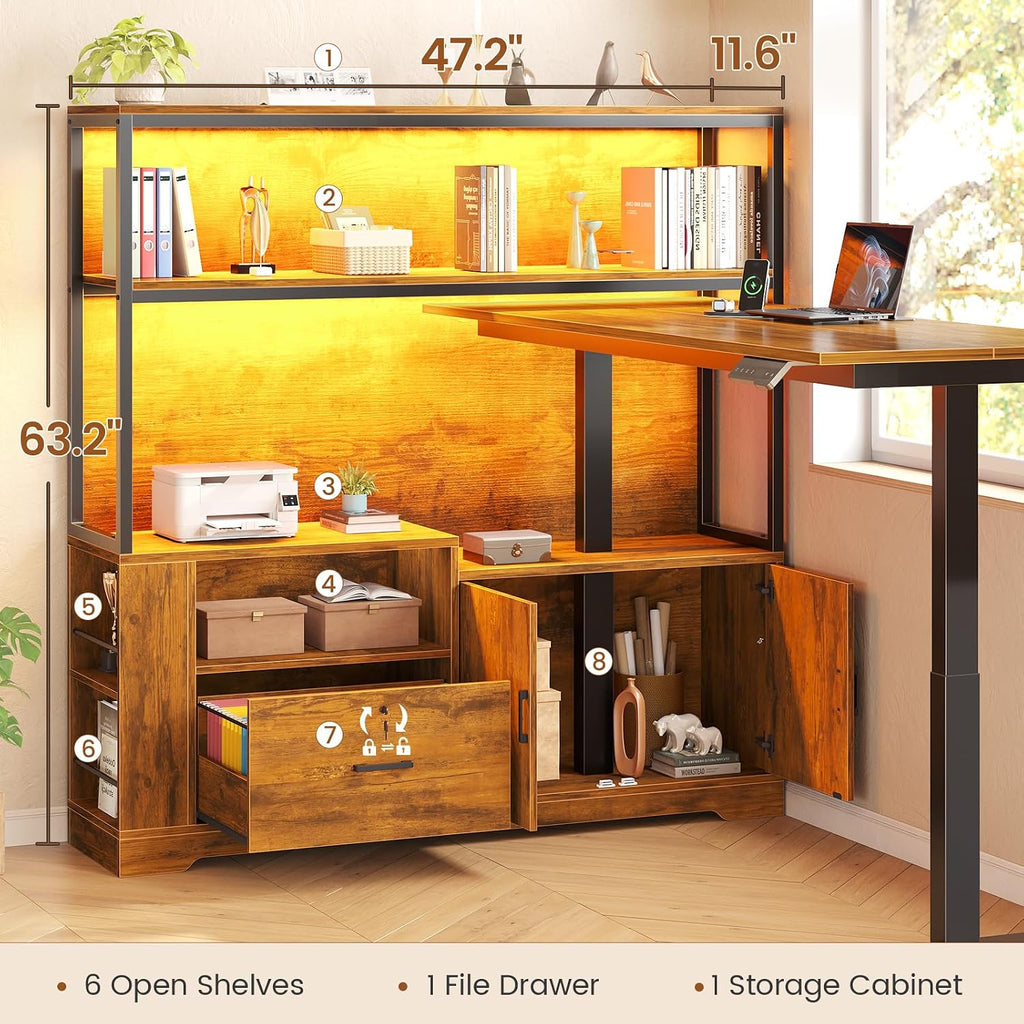 57" L Shaped Standing Desk, Sit Stand Office Desk with Storage Hutch | Rustic Brown Reversible Stand Up Corner Gaming