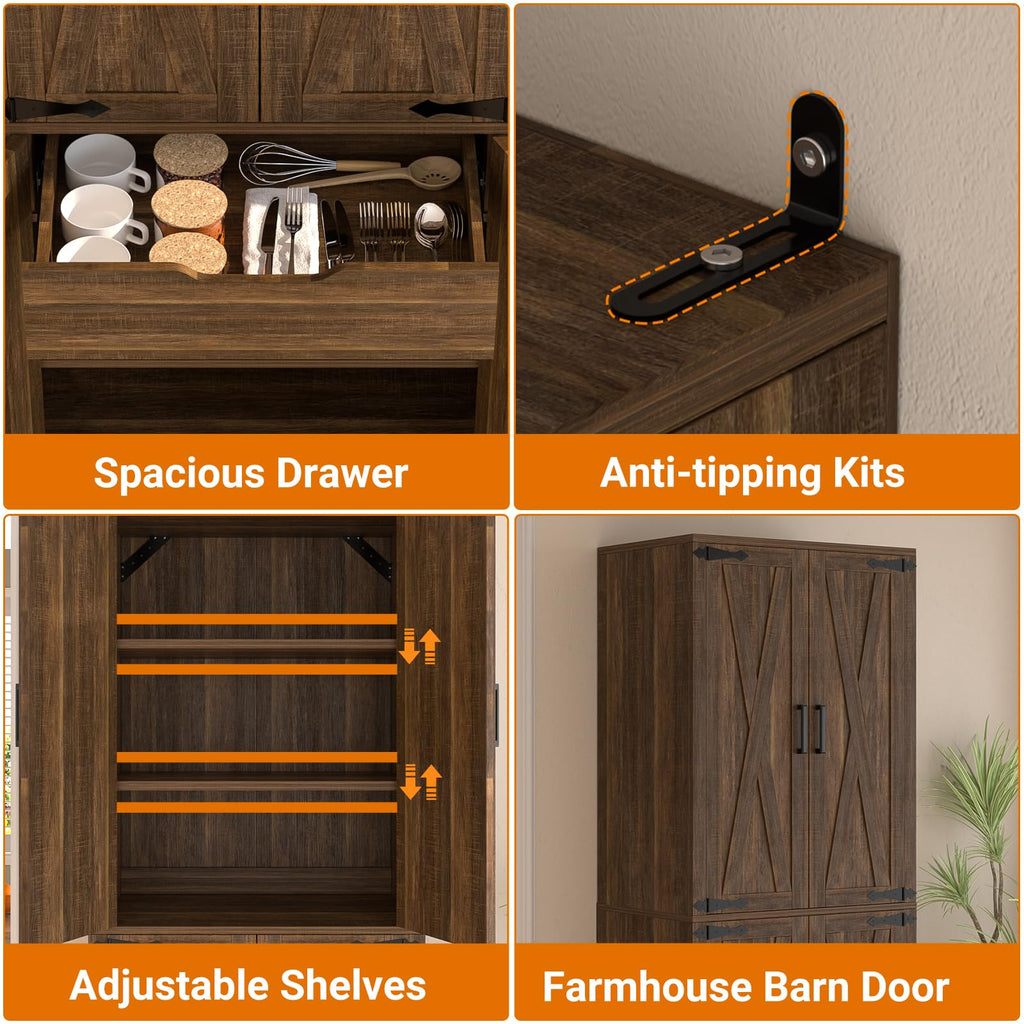 71" Tall Farmhouse Kitchen Pantry Storage Cabinet with Barn Doors