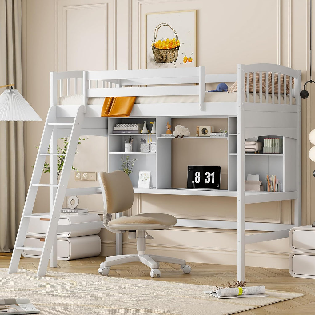 Twin Loft Bed with Desk, Solid Wood Twin Loft Bed Frame with Shelves, White