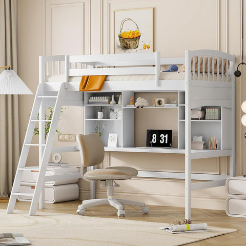 Twin Loft Bed with Desk, Solid Wood Twin Loft Bed Frame with Shelves, White