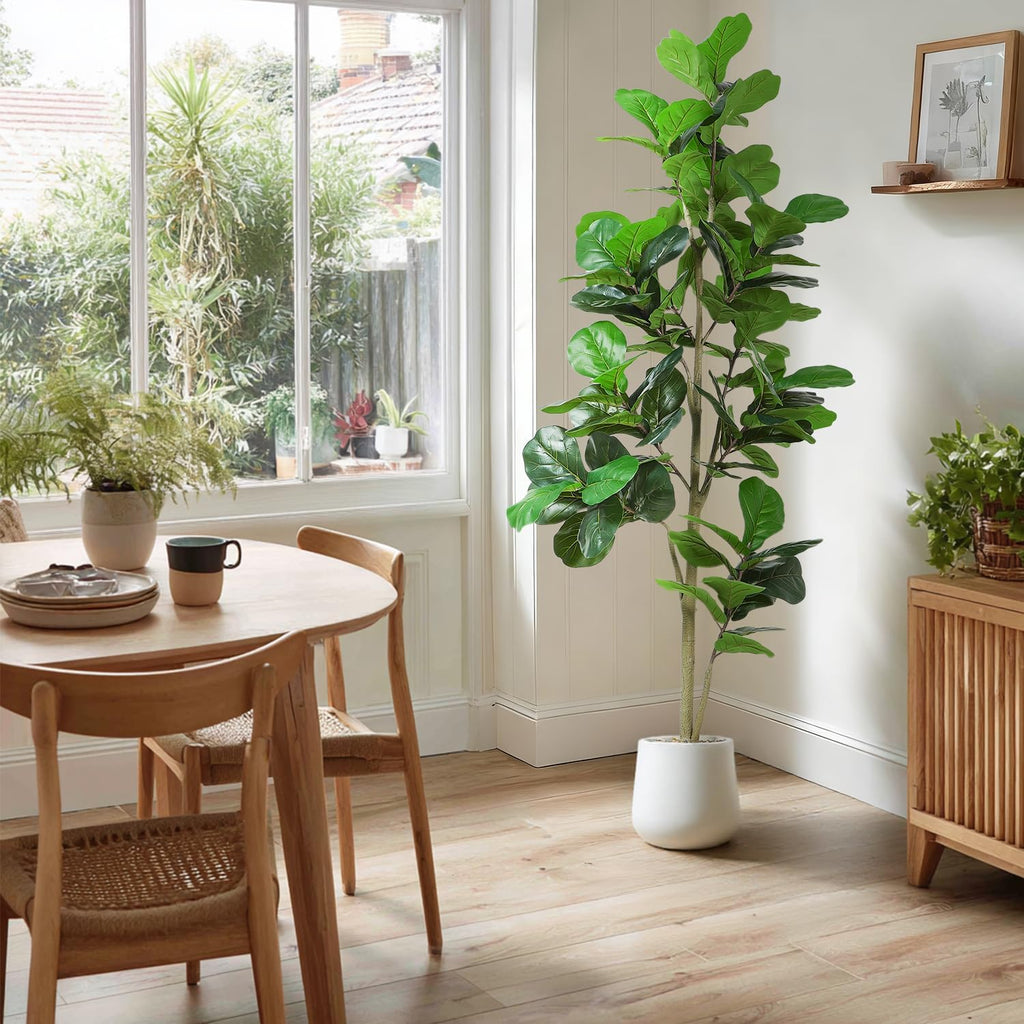 Artificial Fiddle Leaf Tree, 7ft Faux Plant Fake Ficus Lyrata Trees with White Planter - Perfect Indoor Home Decor