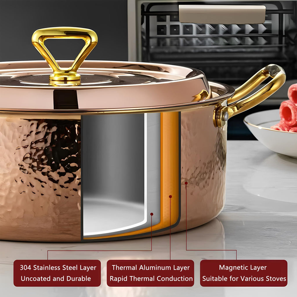 4.2QT Hammered Stock Pot with Lid, Copper Cooking Pot