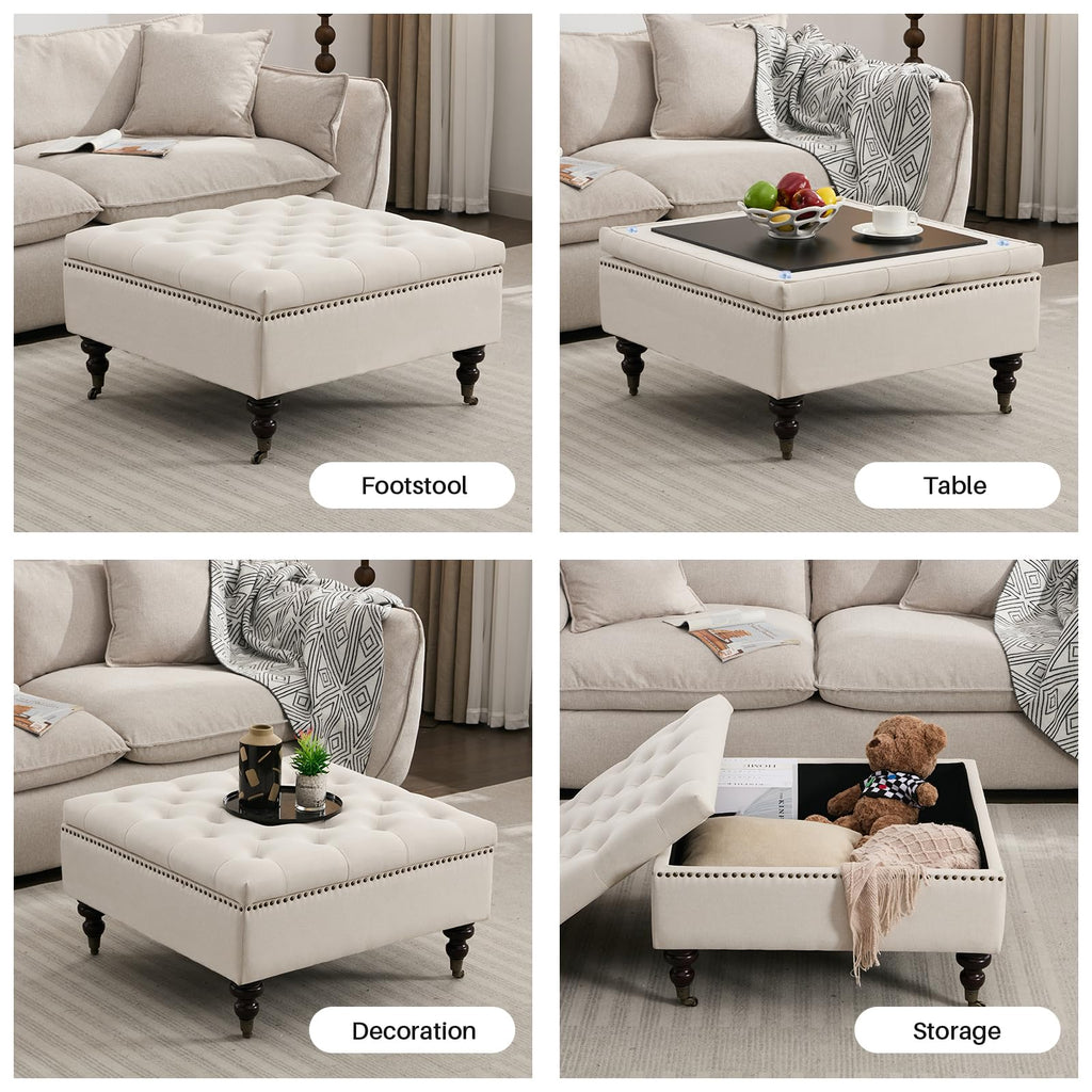 Large Square Storage Ottoman Uphlostered Tufted Button Coffee Table, Beige