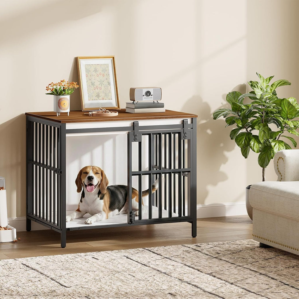 Dog Crate Furniture with Sliding Barn Door, Dog Kennel Indoor for Small/Medium Dogs, Heavy Duty Dog Cage with 2
