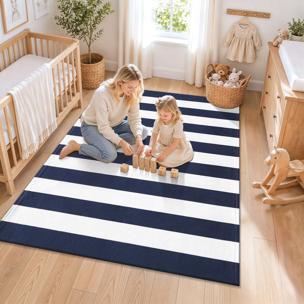 Navy and White Striped Accent Rug 3x5, Washable Indoor Outdoor Rug