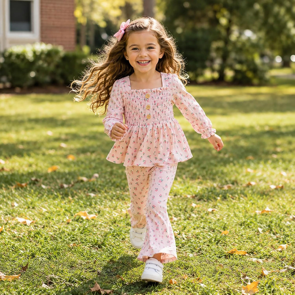 Toddler Girl Outfits Smocked Peplum Top with Kick Flare Pants