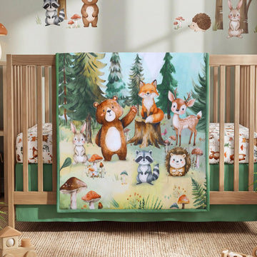 3 Pcs Woodland Animal Crib Sheet Set Baby Crib Bedding Set Includes 52"x28" Fitted Sheet, Quilt, Bed Skirt for