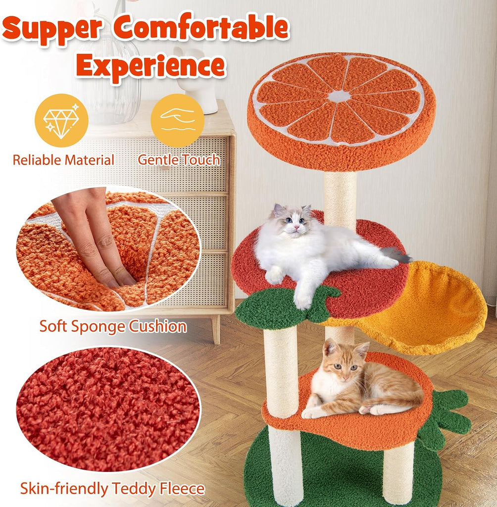 Fruit Cat Tree, Multi-Level Cute Cat Tower with Sisal Scratching Posts, Padded Top Perch, Rotatable Basket, Apple &