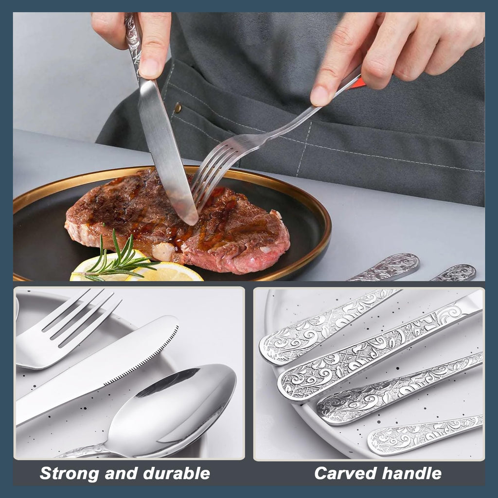 Vintage Carved Silver Stainless Steel 20-Piece Flatware Set