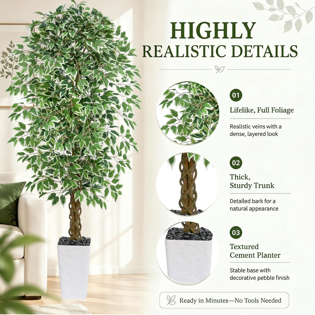 Ficus Tree 7FT, Large Fake Tree Decor (White Planter)