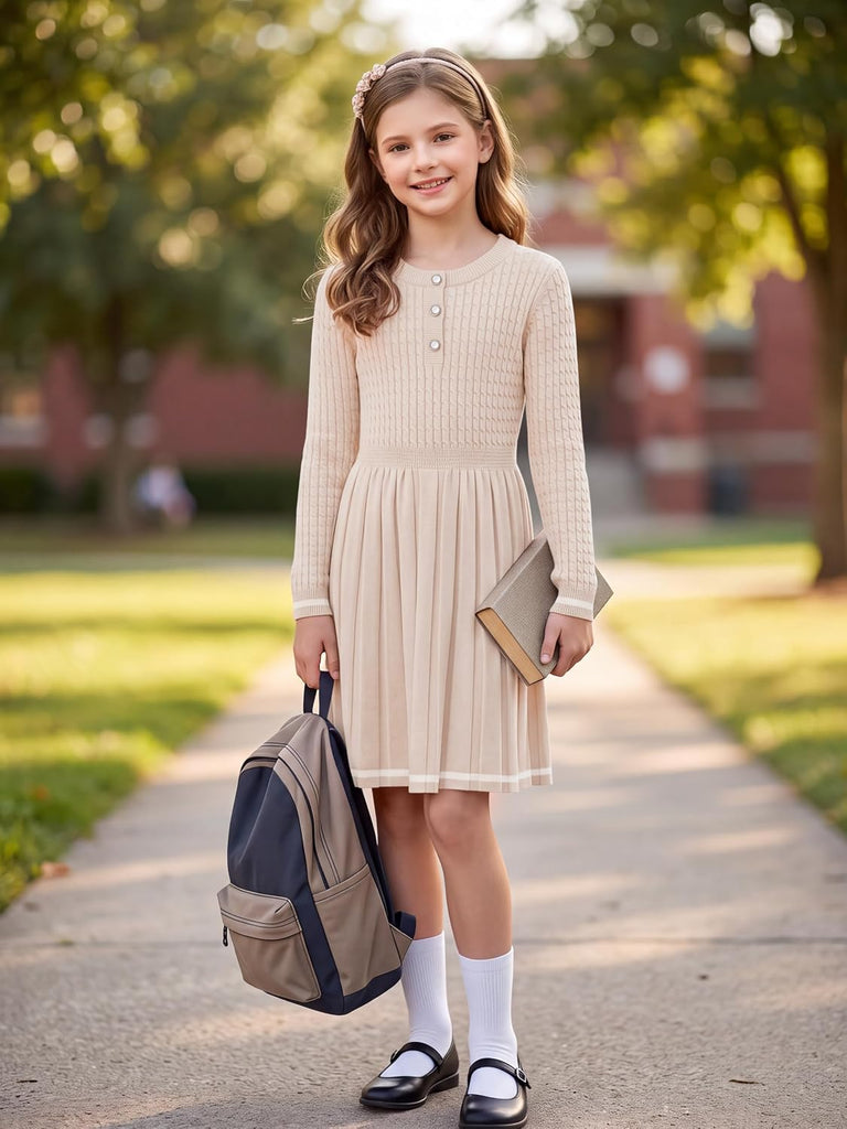 Girls Sweater Dress Long Sleeve Button A-Line Fall Winter Knit Dress