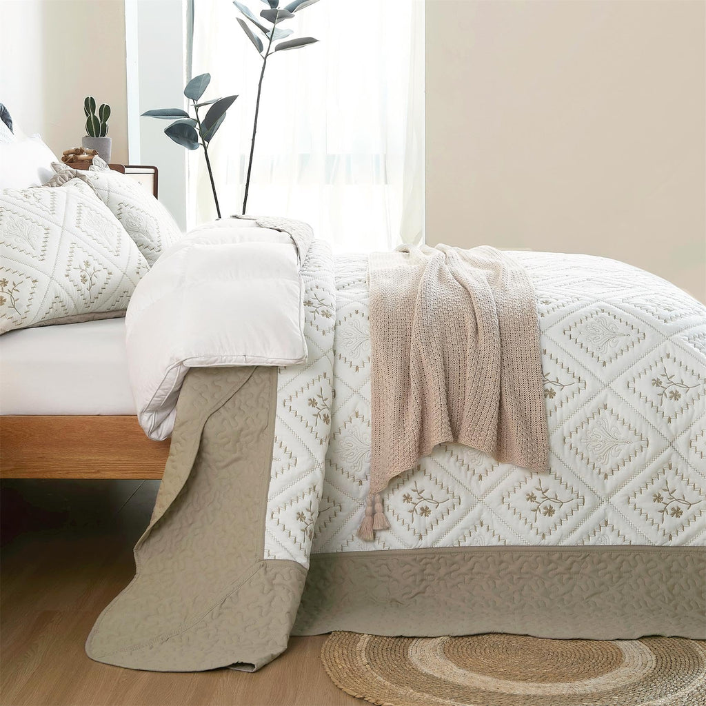 Oversized King Quilt Set Taupe-128x120 Super King Bedspread with 2 Pillow Shams-Exquisite Embroidery Bedding