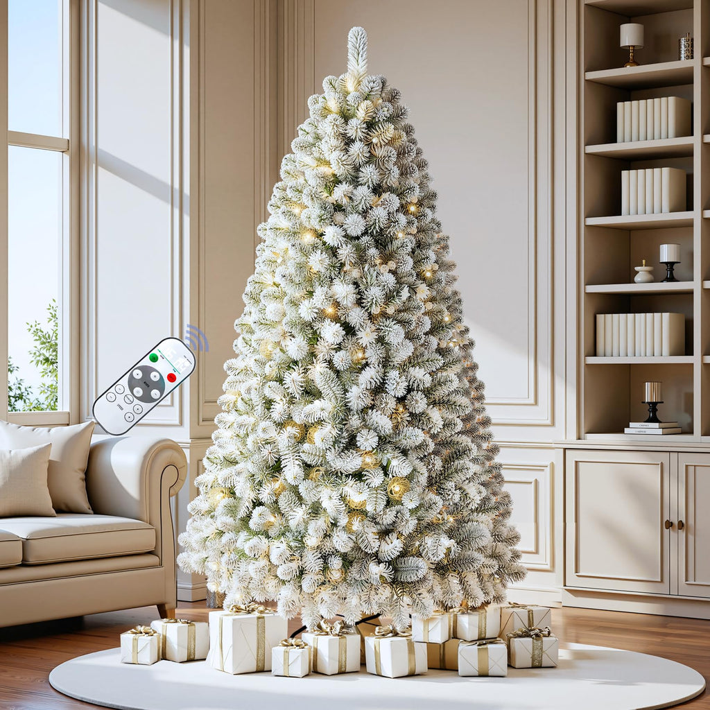 7.5 FT Pre-lit Snow Flocked Christmas Tree Spruce with Remote Control, 350 Warm White Multi-Color Changing LED