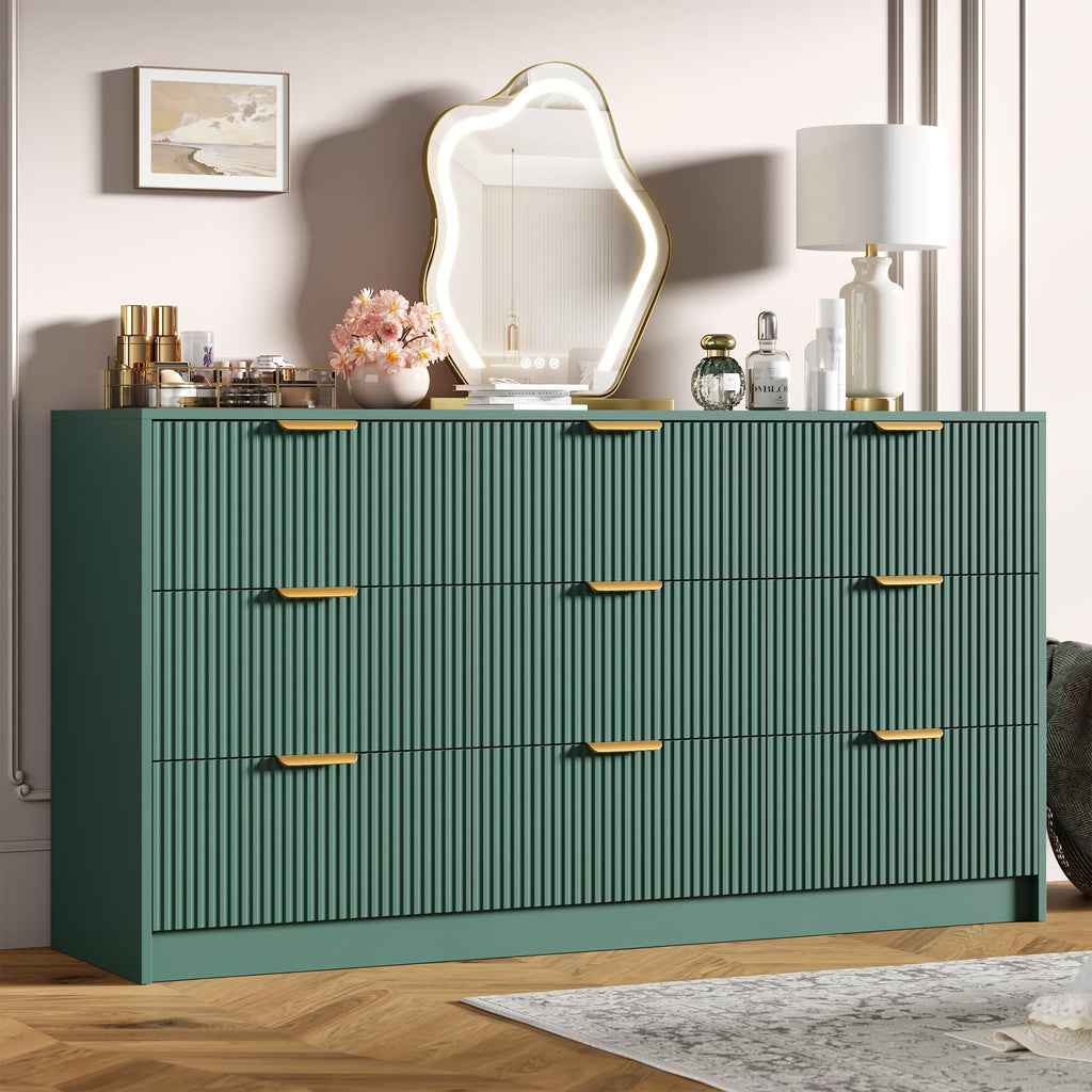 9 Drawers Dresser - Modern Fluted Double Chest of Drawers, Green