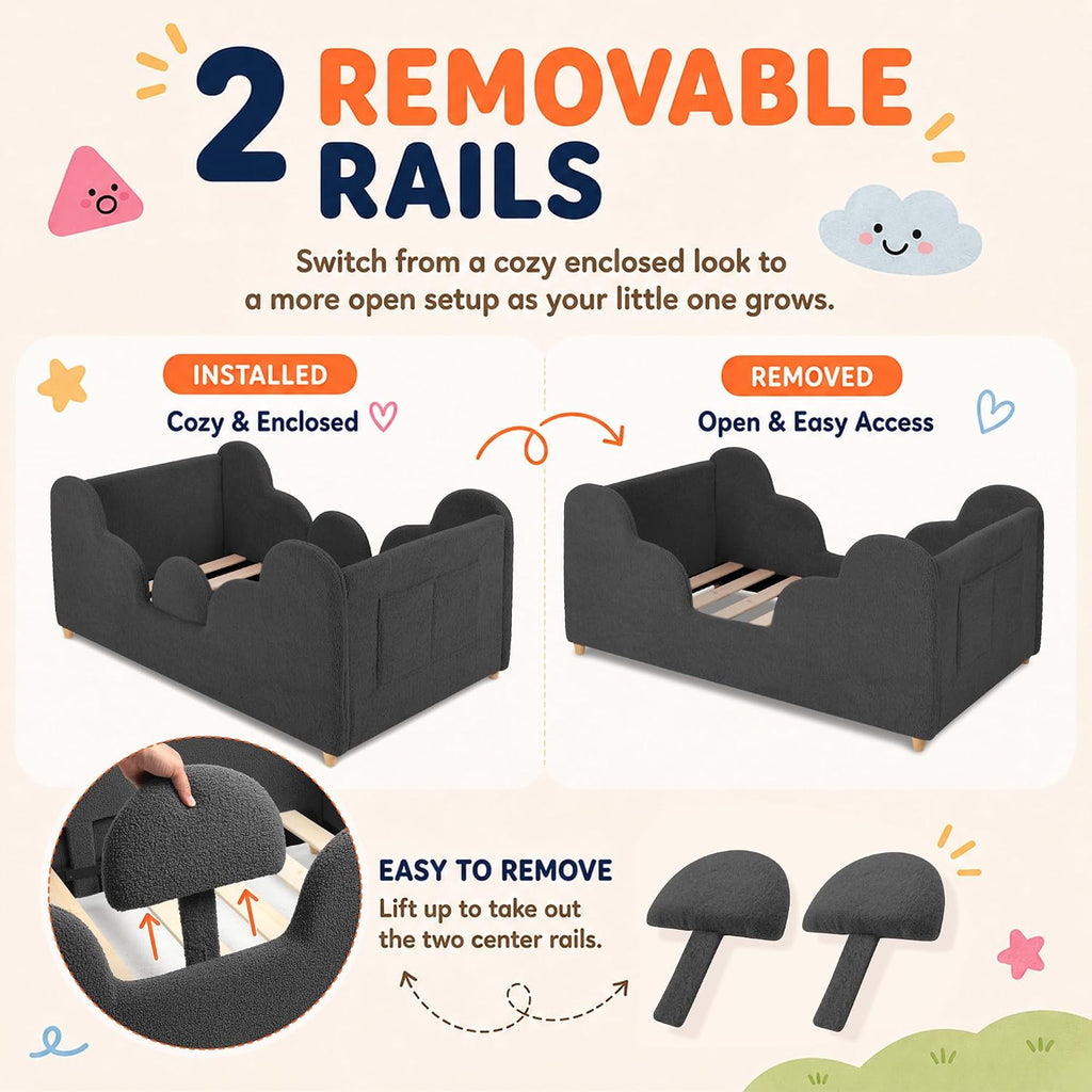 Toddler Floor Bed, Soft Montessori Bed with Removable Rails