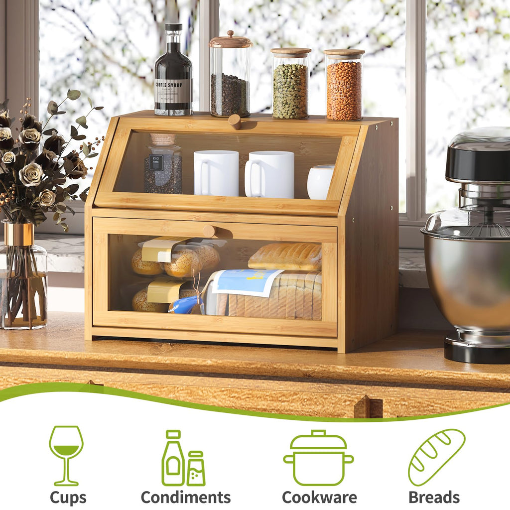 Bread Box - Farmhouse Countertop Double Layer Bamboo Wooden Extra Large Capacity B Food Storage Container(Natural)