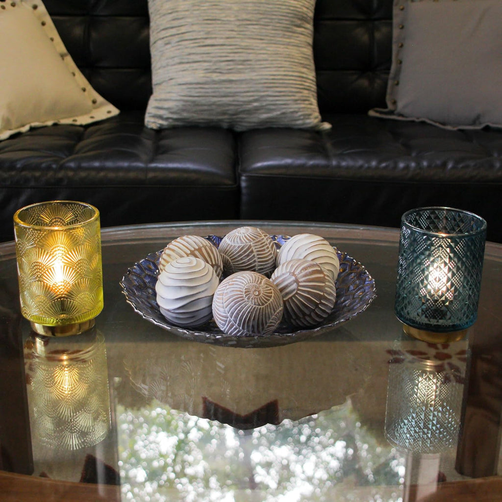 Set of 6 Decorative Orbs, 3 Inch Whitewashed Geometric Resin Spheres | Three Distinct Designs, Hand-Carved Wood Look