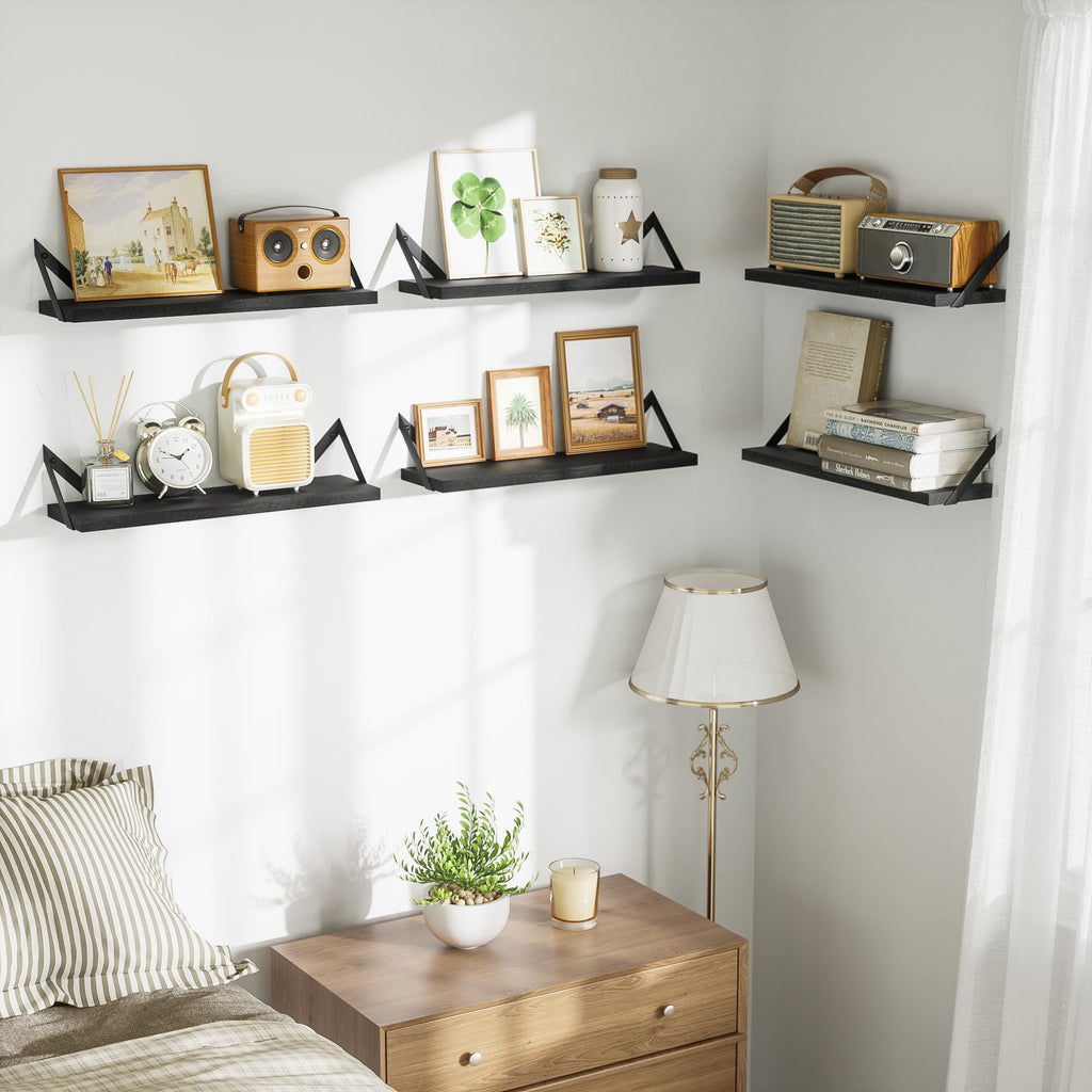 Black Floating Shelves, 6-Piece Set Wood Wall Storage Unit